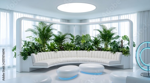Futuristic White Interior Design with Curved Sofa and Lush Indoor Jungle
