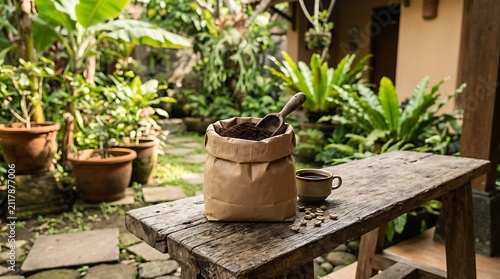 Freshly ground coffee in a paper bag on a rustic garden bench