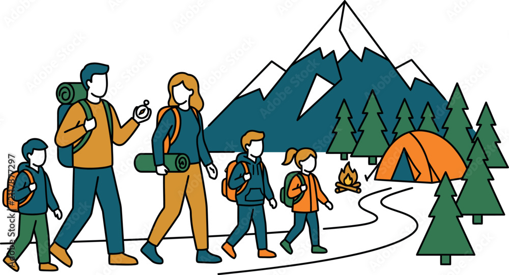 Fototapeta premium Family hiking in the mountains with backpacks and camping gear
