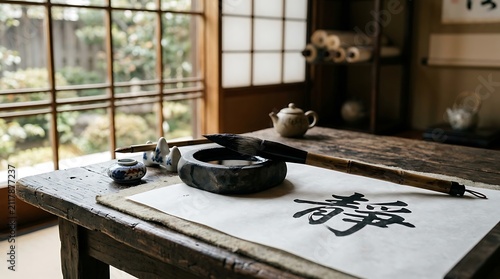 Traditional japanese calligraphy set with brush and ink on wooden desk