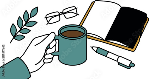 Hand holding a coffee mug with a notebook, pen, and glasses