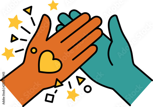 High five gesture between two hands with heart and stars