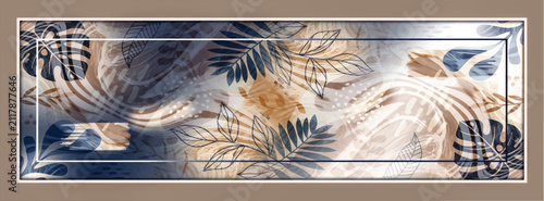 Картината върху платно Luxury silk scarf design with elegant navy blue abstract tropical monstera leaves and camel beige fluid textures
