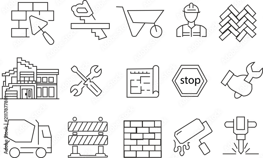 Fototapeta premium Construction and Building Tools Line Art Icon Set Vector Illustration for UI Design, Engineering, House Construction, and Repair Services. 