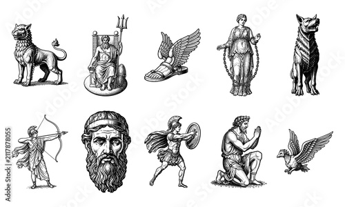 Set of Vintage Engraved Greek Mythology Icons Featuring Gods Warriors and Mythical Creatures for Classical Design Projects