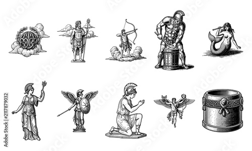 Vintage Engraved Greek Mythology Gods and Mythical Creatures Set Featuring Athena Hermes and Blacksmith Icons for Classical Design