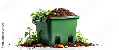 Green compost bin filled with rich soil young green plants sprouting and small sprouts growing surrounded by soil and stones.
