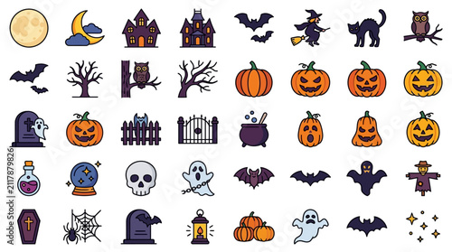 Dynamic Halloween Themed Icons Set Colorful Illustrations of Spooky Symbols Pumpkins Ghosts Bats and Haunted Houses