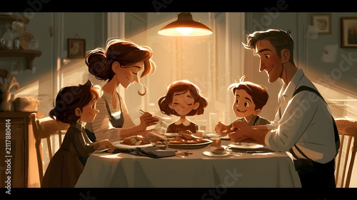 Happy Family Enjoying Dinner Together at Home, Warm Evening Meal with Parents and Children, Love, Togetherness, Family Bonding, Healthy Home Cooking, Cozy Dining Room Lifestyle Scene