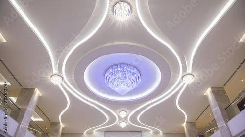Elegant Luxury Ceiling Design with Crystal Chandeliers and Curved LED Lighting