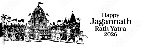 Fotografie Happy Jagannath Rath Yatra 2026 Celebration Illustration with Devotees Pulling t