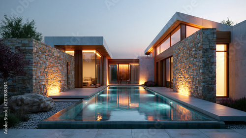 Modern Luxury Home with Illuminated Pool at Dusk