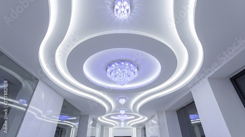 Ultra-Modern Luxury Ceiling Design with Wave LED Lighting and Crystal Chandeliers