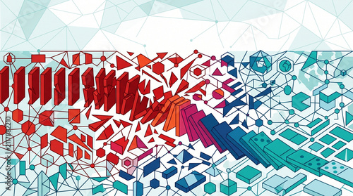 Complex network visualization with broken blocks and interconnecting lines art design.