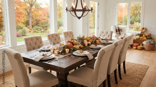 Elegant dining room table set for a festive thanksgiving family dinner celebration
