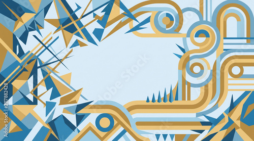 Geometric background with abstract curves and triangular shapes in shades of blue and gold.