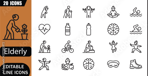 Isolated active aging icons set, 20 editable line art icons set, fitness, exercise, wellness, healthy retirement, happiness, lifestyle, longevity, senior wellness theme style, clean outline vector