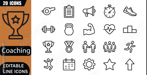 Isolated sports coaching icons set, 20 editable line art icons set, athlete, training, performance, fitness, teamwork, competition, discipline, sports trainer theme style, clean outline vector