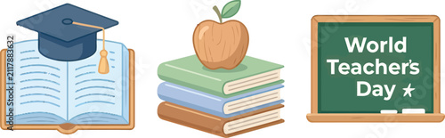 World Teachers Day celebration icons with graduation cap open book stack of textbooks and chalkboard vector illustration