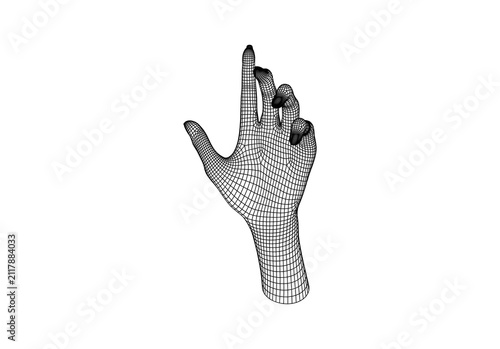 Wireframe 3d mesh of a raised hand with spread fingers symbolizing halt and blessing gesture