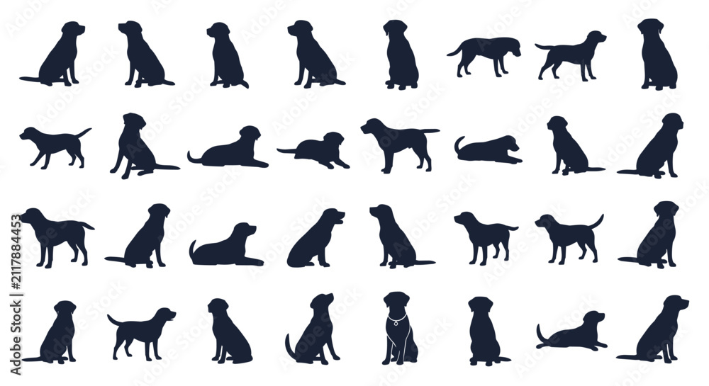 Obraz premium Comprehensive collection of dog silhouettes in different poses representing domestic pet loyalty and training.