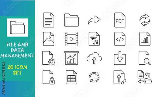 File and Data Management Line Icon Set for Digital Workflow