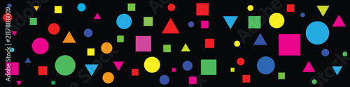 Konstfotografi Colorful Geometric Shapes Pattern On Black Background With Bright Circles And Tr