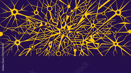Intricate neural network pattern with glowing yellow lines on dark purple background set.