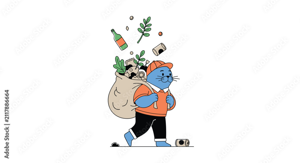 Fototapeta premium Cute cartoon seal character carrying a large sack filled with recyclable plastic bottles and cans to clean up the environment.