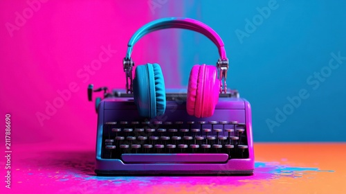 A retro typewriter with colorful headphones resting on it against a vibrant pink and blue gradient background.