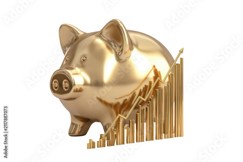 Golden piggy bank with rising stock chart isolated on transparent background.