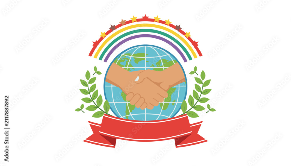 Fototapeta premium Global peace illustration showing a handshake in front of the earth globe beneath a colorful rainbow and stars.