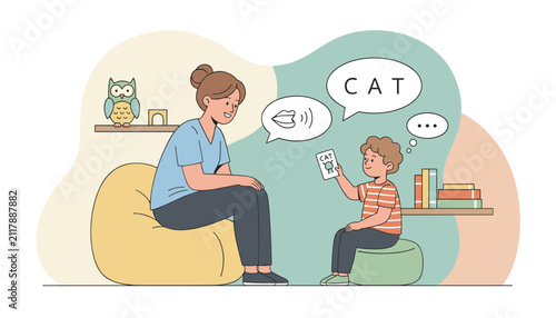 Professional speech therapist working with a young boy using flashcards for language development in a cozy room.