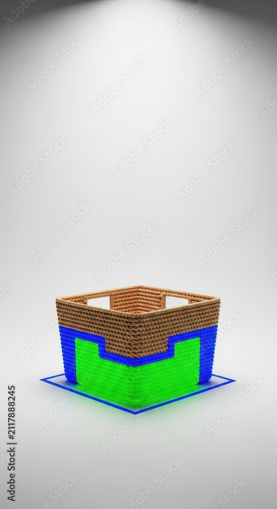 Fototapeta premium Conceptual representation of geometric measurement, showing the calculated area of a woven storage basket on a plain surface, size, shape, volumetric