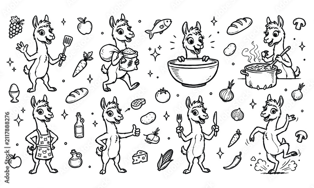 Obraz premium Cute vicuna and llama cartoon mascot character set with various poses vector illustration