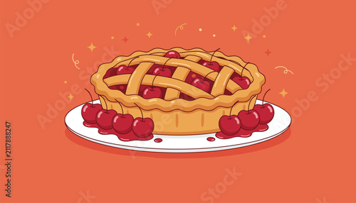Freshly baked delicious cherry pie with lattice crust rests on a white plate surrounded by sweet red cherries.