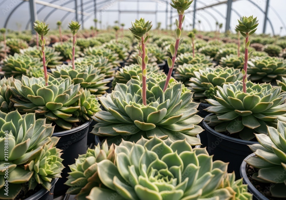 Obraz premium Rows of healthy Echeveria succulent rosettes growing in plastic pots, displaying symmetrical patterns and textures inside a sunny greenhouse, greenhouse, agriculture, macro