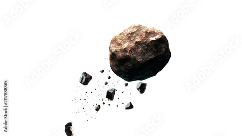 Bild auf Leinwand 3D rendered asteroid breaking apart with floating rock debris isolated on white