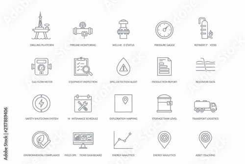 Collection of linear for oil and gas sector management, showing drilling platforms, pipeline monitoring, and energy data analytics
