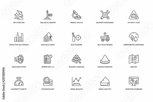 Mining industry set featuring ore extraction, geological survey, equipment maintenance, haul truck tracking, and production analytics