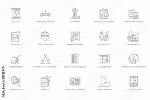 Set of construction and engineering project management with labels, showing site plans, safety inspections, and engineering dashboards