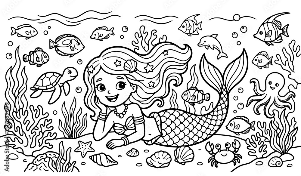 Obraz premium Cute Mermaid Underwater Coloring Book Vector EPS