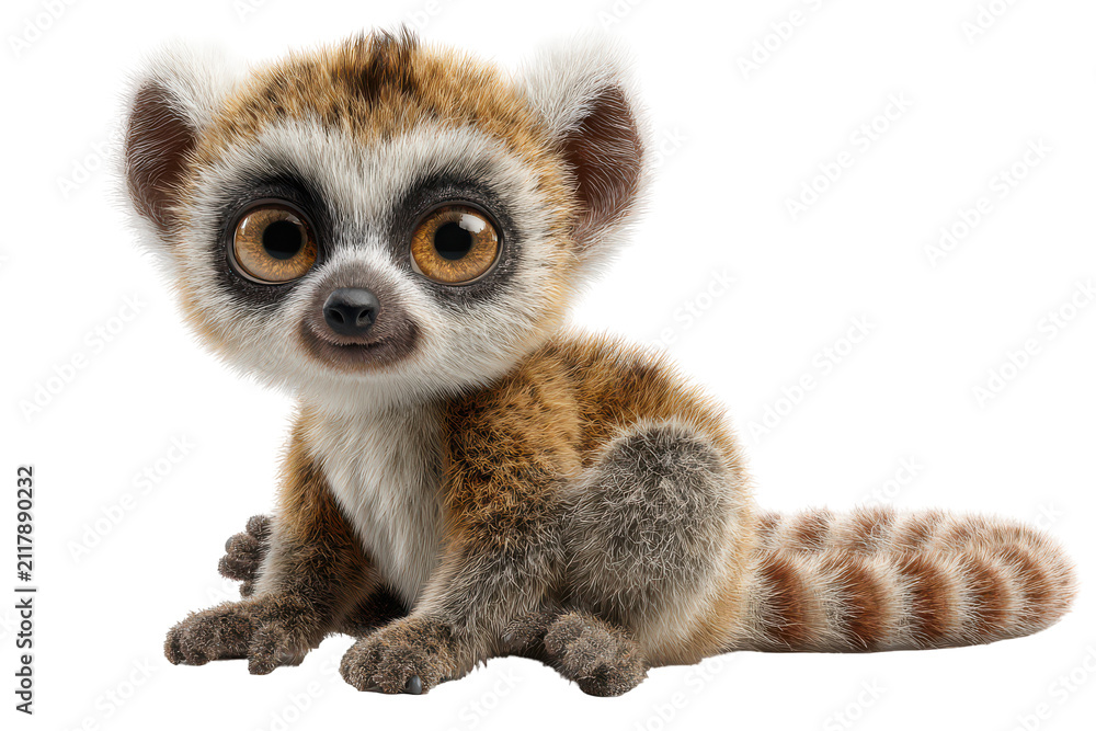 Fototapeta premium Cute baby ring-tailed lemur sitting with curious expression in soft studio lighting