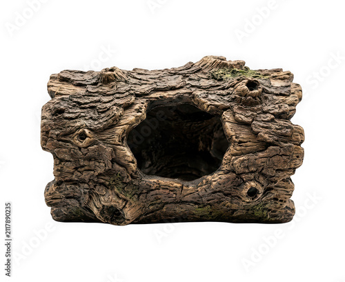 Artificial hollow log ornament for aquarium or terrarium isolated on transparent background