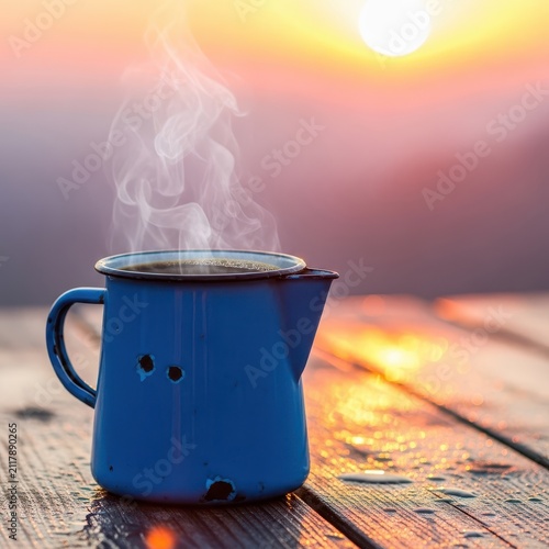 A rustic blue enamel pannikin sits on a weathered wooden table outdoors, filled with steaming hot coffee during a quiet morning sunrise, morning, lifestyle, tea