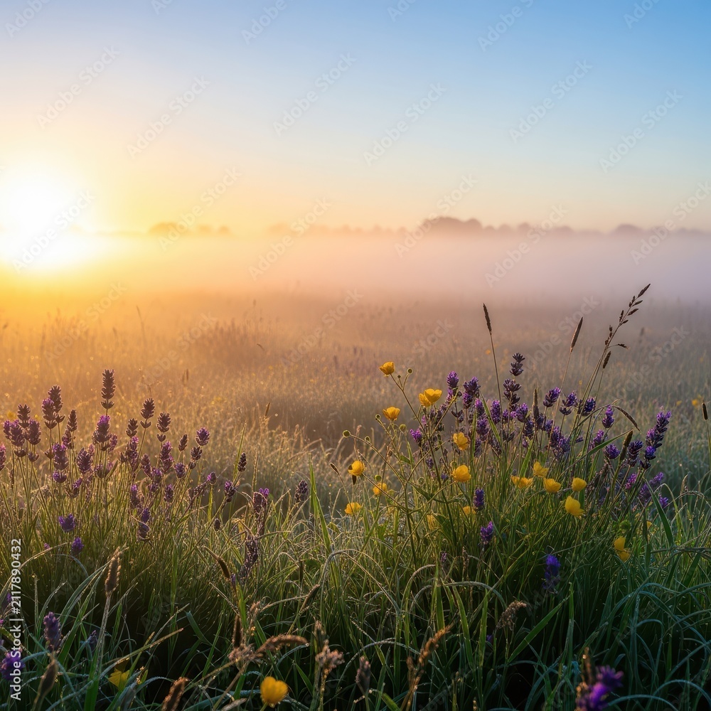 Naklejka premium A tranquil meadow is blanketed in thick morning mist as soft sunlight filters through the haze, highlighting delicate grasses and flowers, wild, rural, autumn