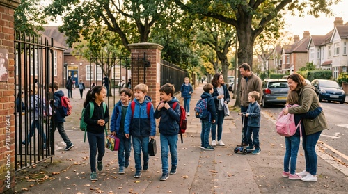 Backpacks and small groups near school gate show primary school dismissal as authentic local scene of movement, connection, friendship and neighborhood life today.