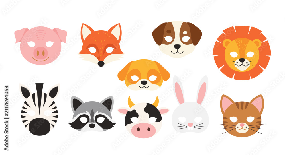 Obraz premium Set of ten cute colorful animal masks for children masquerade party and creative play isolated on white background.