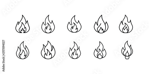 Quadro su tela Fire line icons set, flame, burn, hot, bonfire, heat, danger, warm, hazard, energy, blaze & more vector illustration with editable stroke