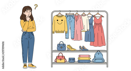 Thoughtful young woman looking at a clothing rack filled with colorful dresses and deciding what to wear for the day.